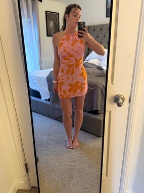 Rhythm. Pink Halter Mini Dress with Orange Floral Print